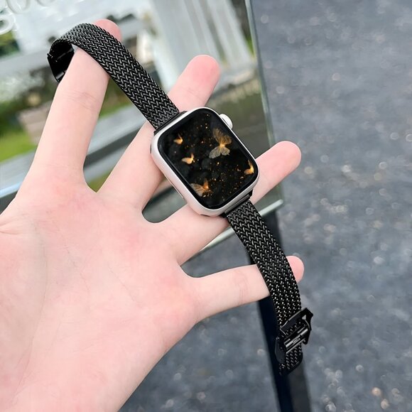 NEW Adjustable Slim Stylish Strap Silver Stainless For Apple Watch - Black - Picture 1 of 5
